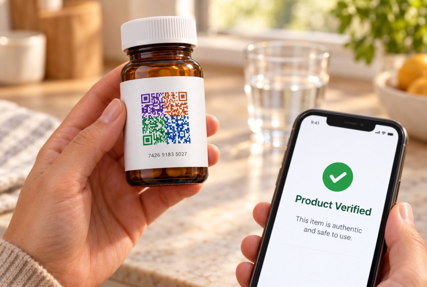 A phone checks the four-colour QR label on a medicine bottle