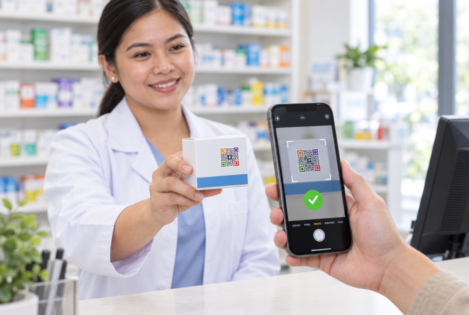 A pharmacist hands over a medicine box with a four-colour QR label while the customer's phone checks it and shows a green tick