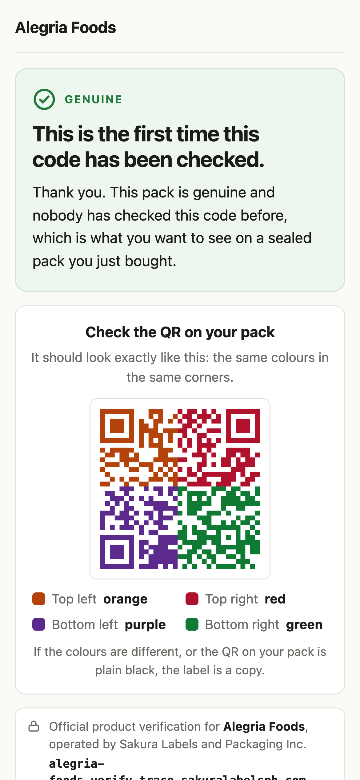 Phone screen: genuine, first time this code has been checked