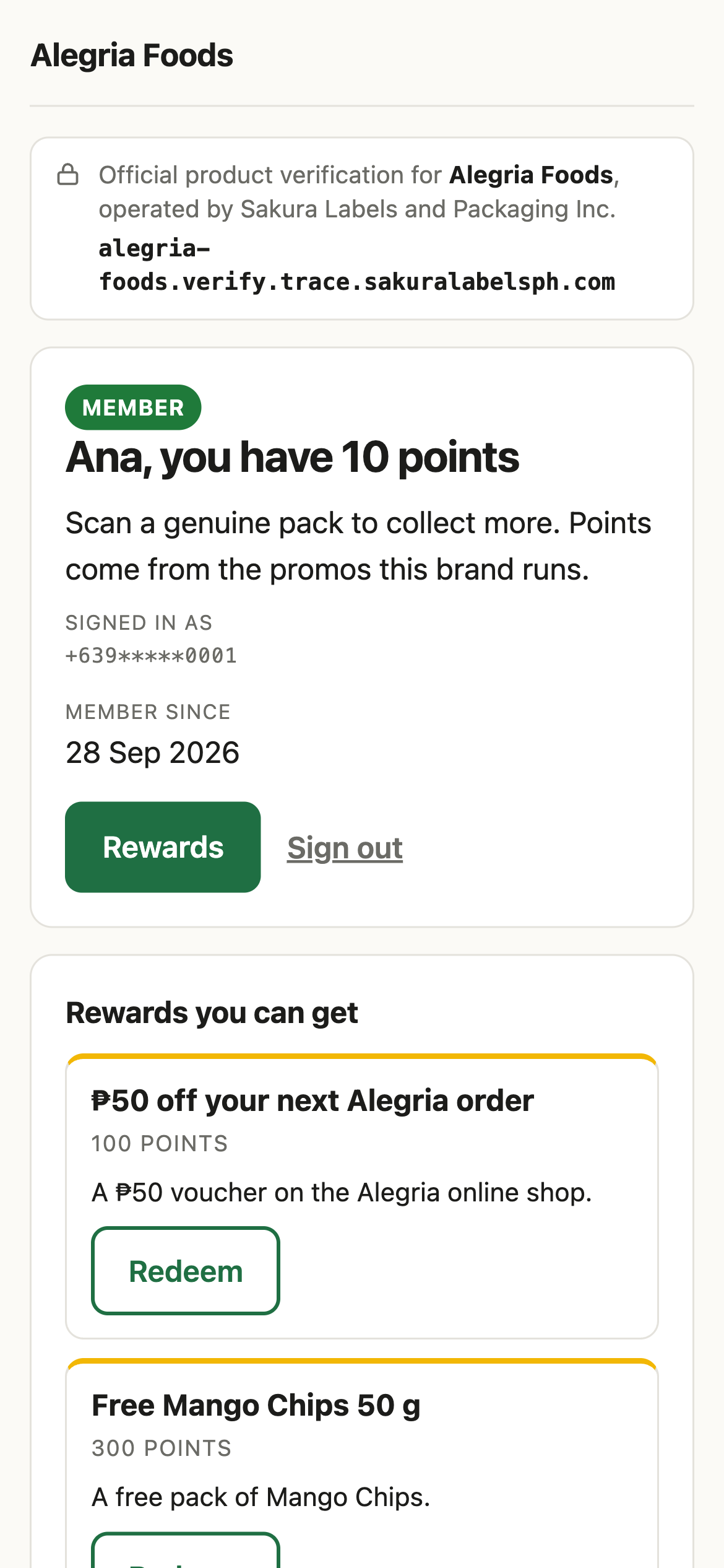 My points page with rewards to redeem