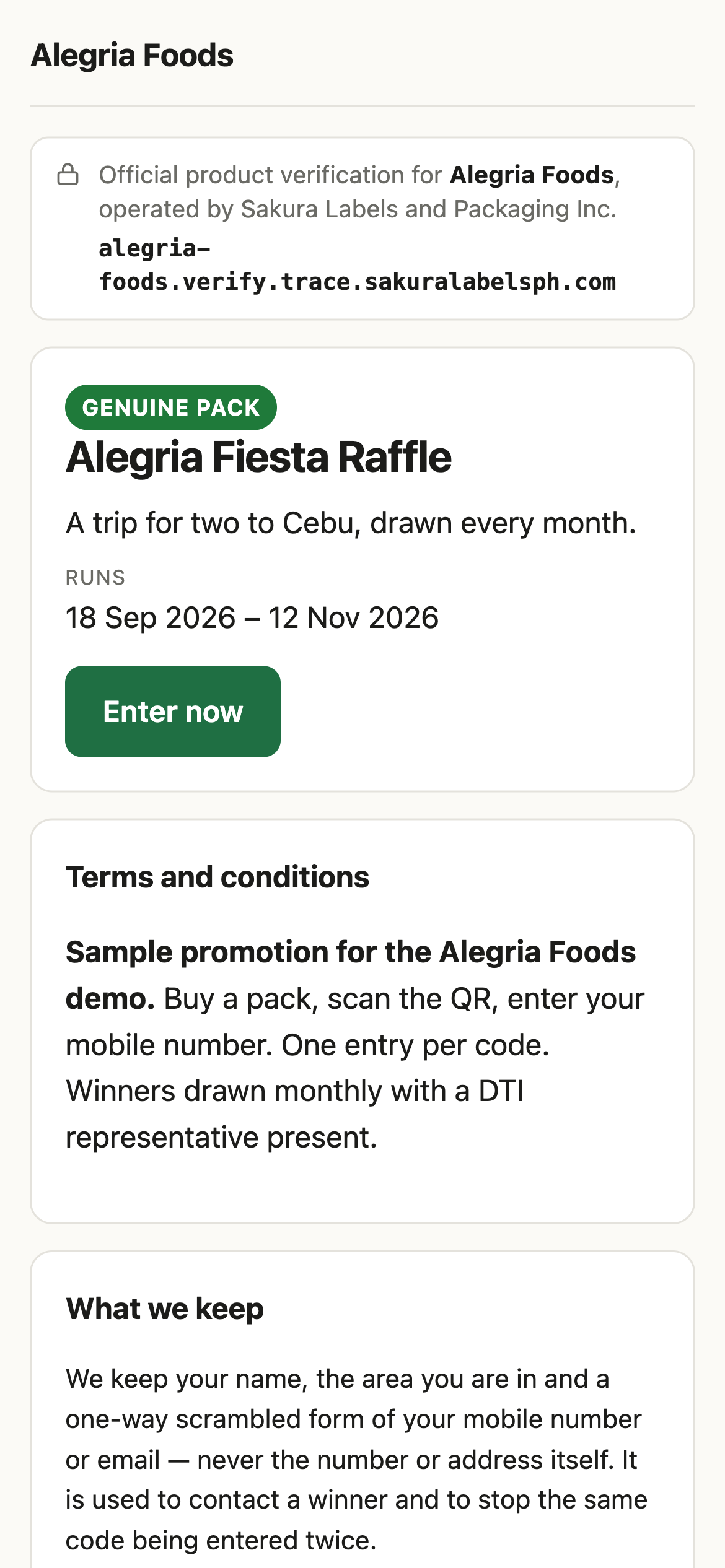 The raffle page with terms and the DTI permit
