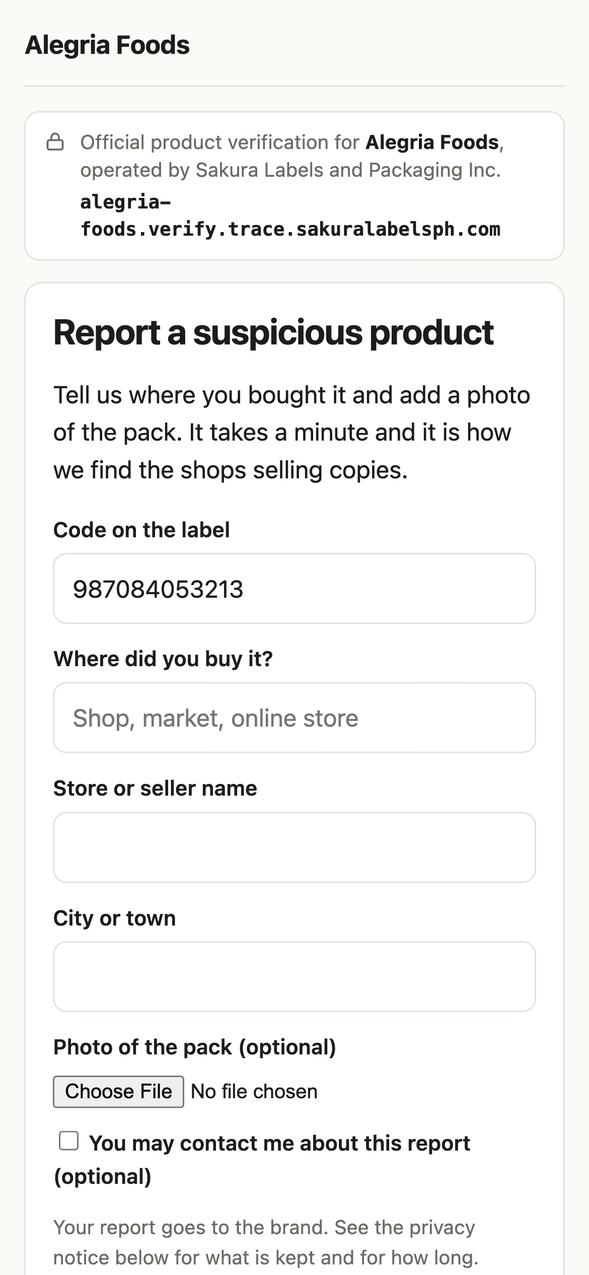 Report a suspicious product: where it was bought, a photo and the city