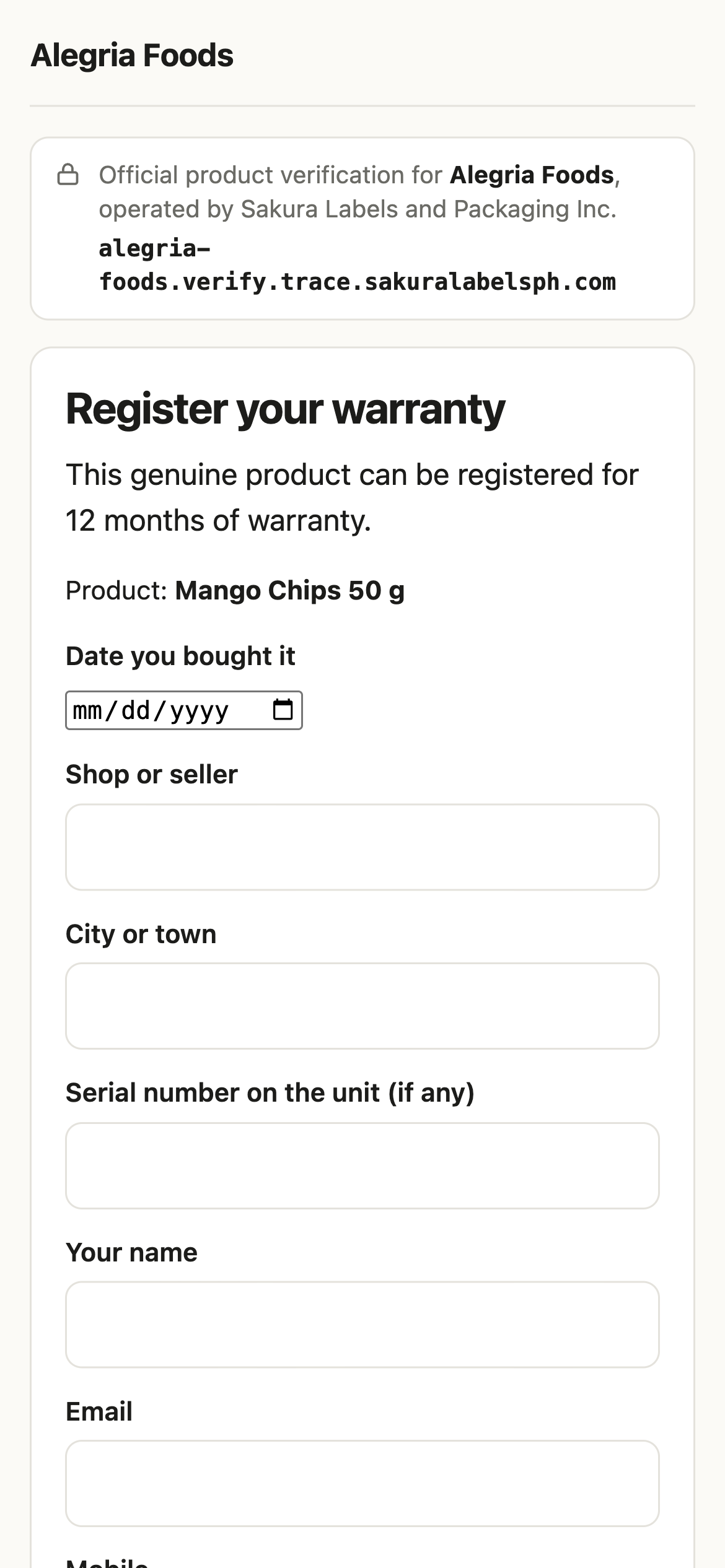The purchase registration form