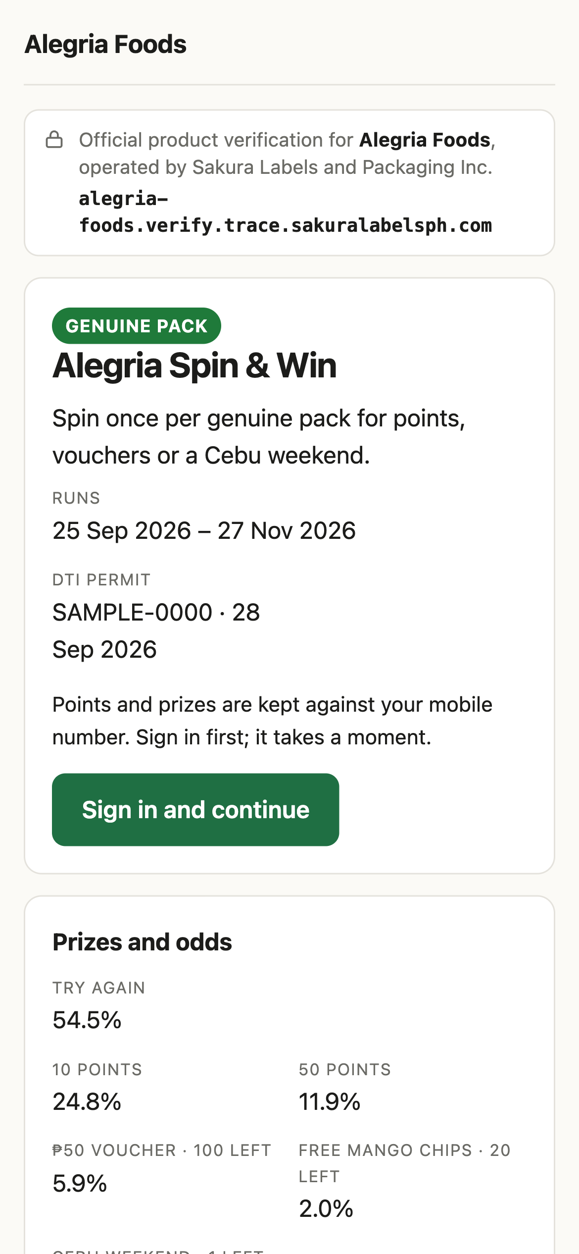 The promo page with prizes, odds and the DTI permit