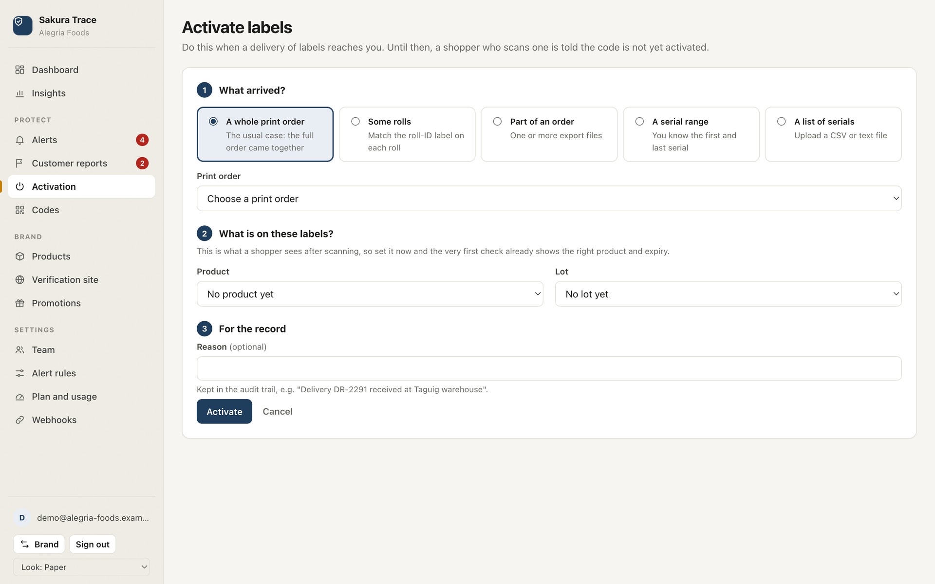 Activate labels: choose the print order, product and lot
