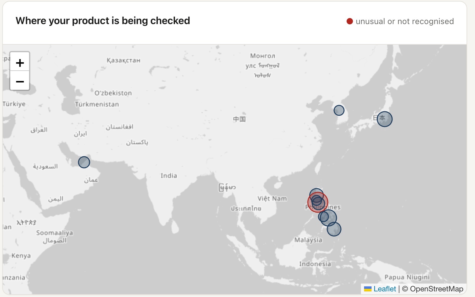 Map of where the product was checked, with unusual checks ringed in red