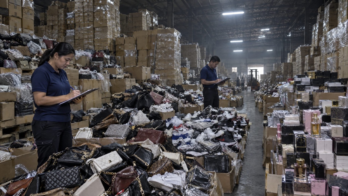 A warehouse of seized counterfeit bags, shoes and perfume