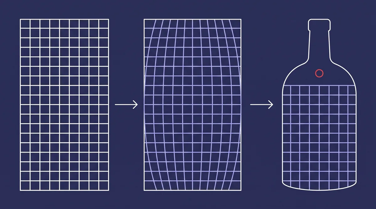 Three stages: a flat grid, the same grid pre-distorted, and the grid landing square on a bottle