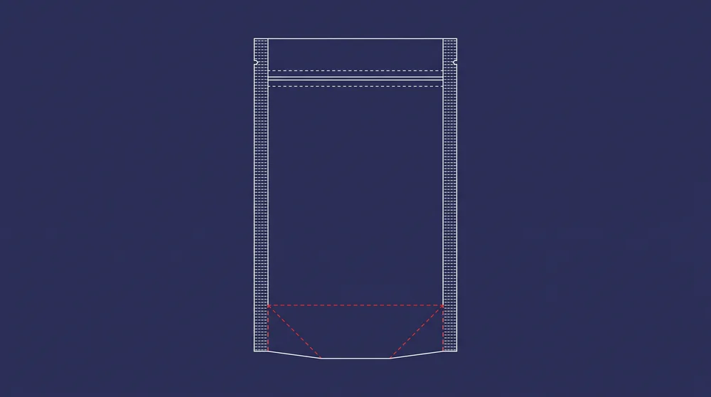 Pouch die-line: the front panel, the bottom gusset and the seal zones, with cut lines solid and fold lines dashed