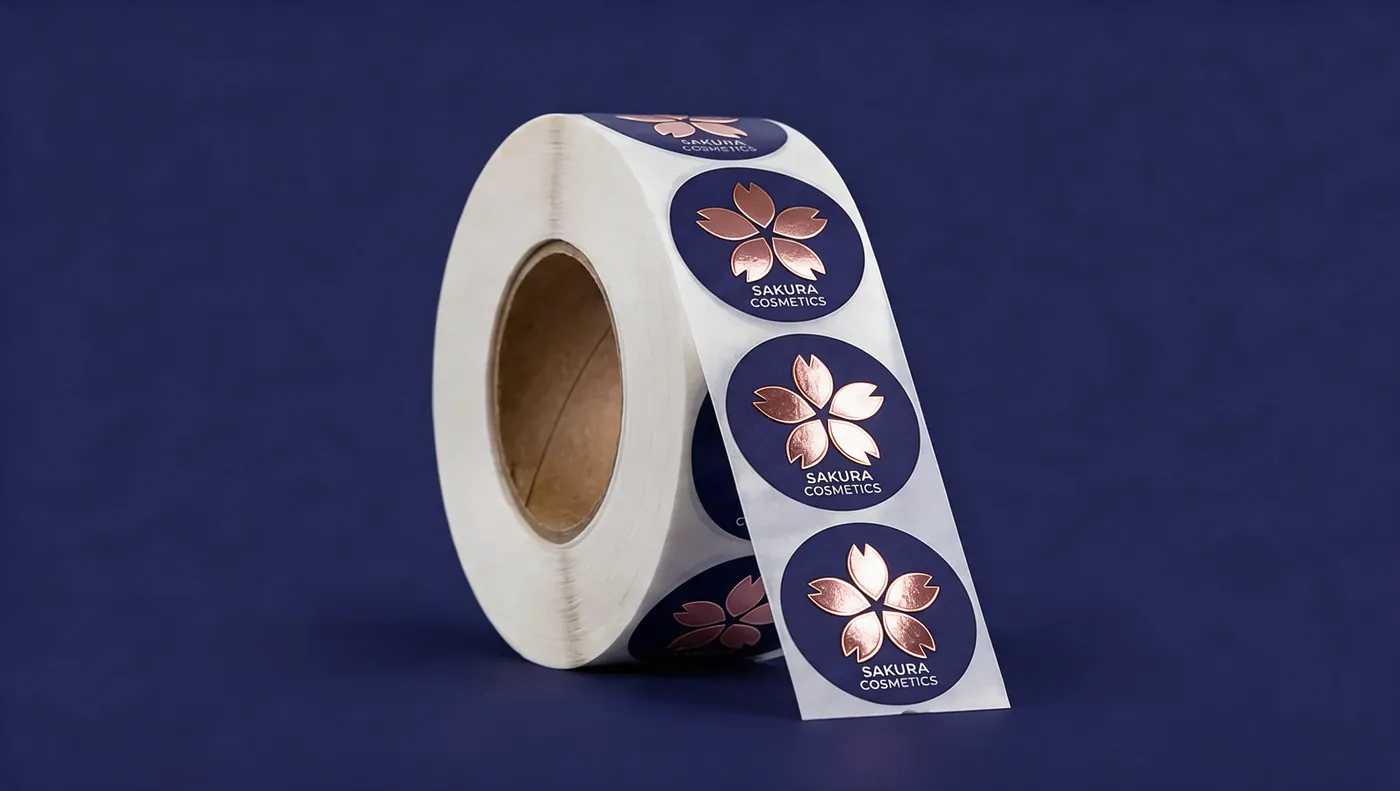 A roll of rose-gold label stock.