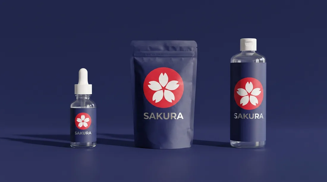 The sample kit — printed labels, a stand-up pouch and a shrink-sleeved bottle