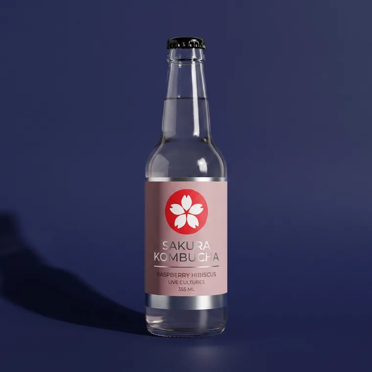 Metallic label on a kombucha bottle