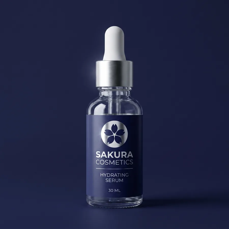 Serum dropper bottle — Sticker label · metallic on an indigo field