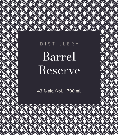 Barrel Reserve label — one of our own templates, its diamond pattern knocked out of the white base so the substrate shows through.