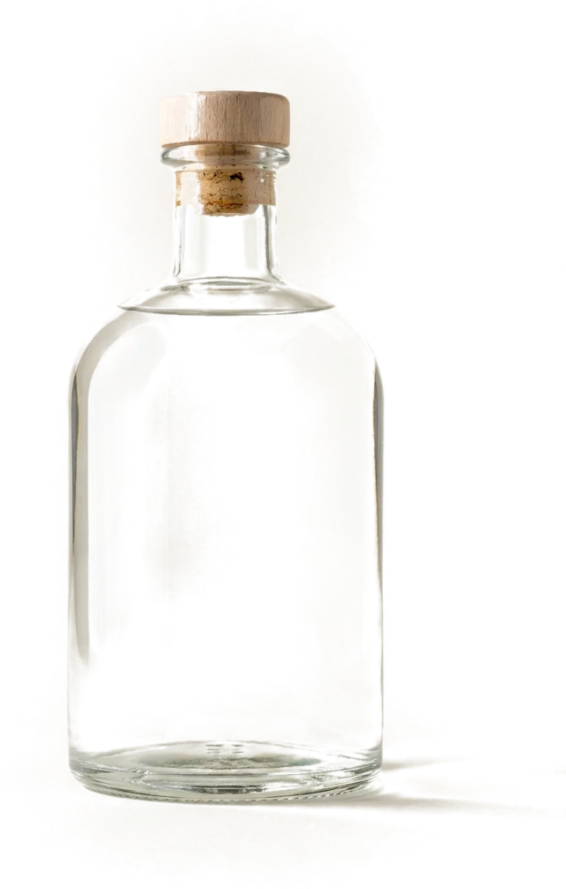 An unlabelled gin bottle, shown so you can judge the label at product scale.